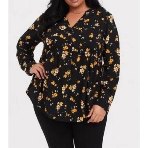 Torrid Women's Button Front Floral Babydoll Tunic Top Yellow Black Size 2 - Picture 1 of 11